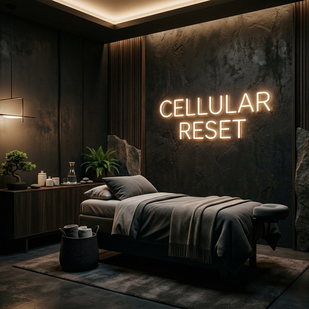 A sleek, dark, modern wellness clinic room with the phrase CELLULAR RESET.