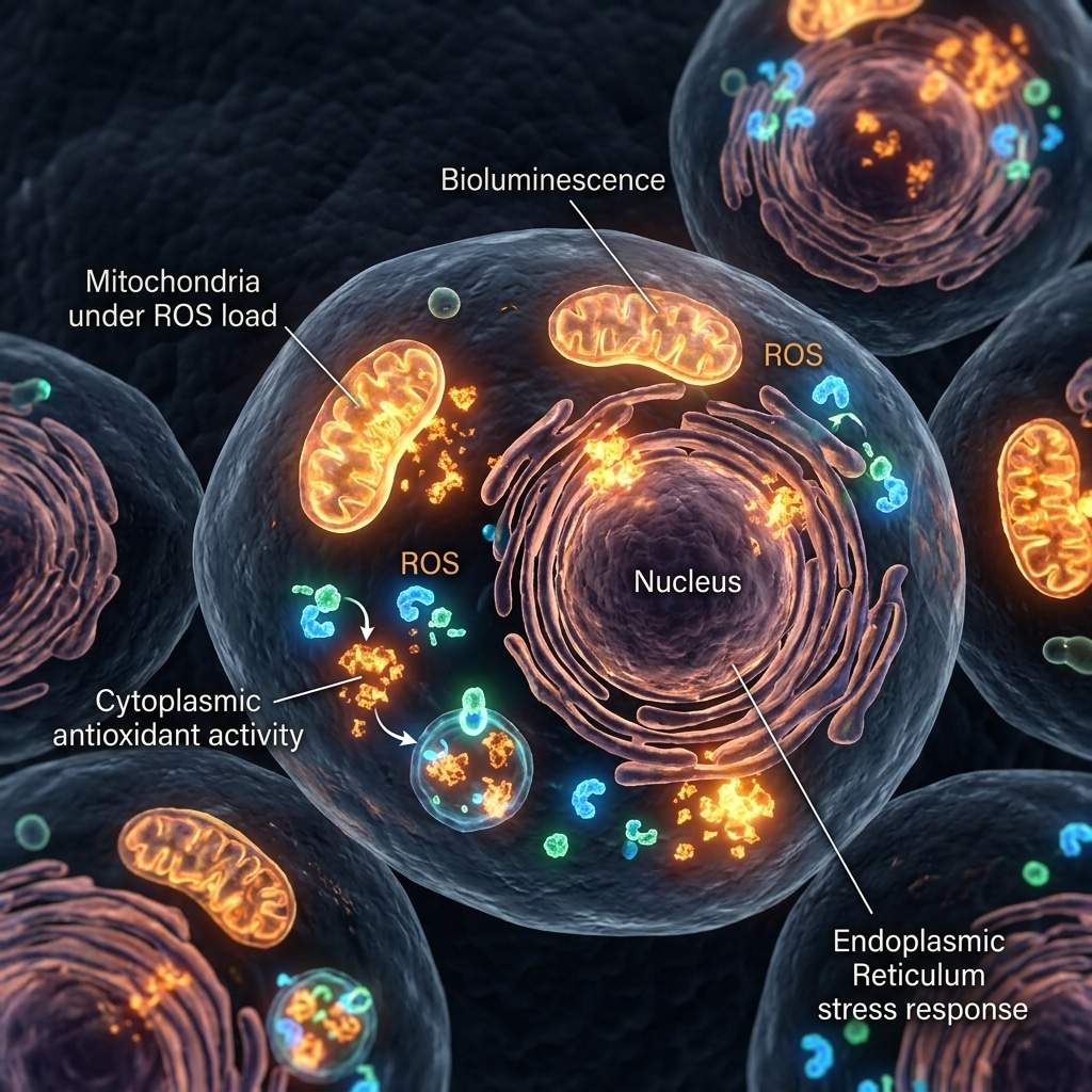 Microscopic 3D clinical visualization of human cells undergoing oxidative stress and natural detoxification