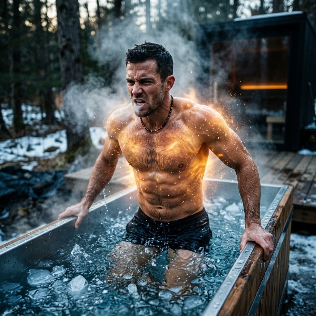 A person in a cold shower with glowing metabolic heat zones, representing brown adipose tissue activation and thermogenesis.