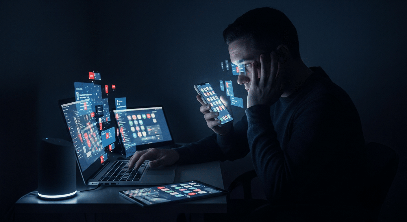 Person illuminated by blue screen light late at night, representing digital overload and circadian disruption as modern cortisol stressors