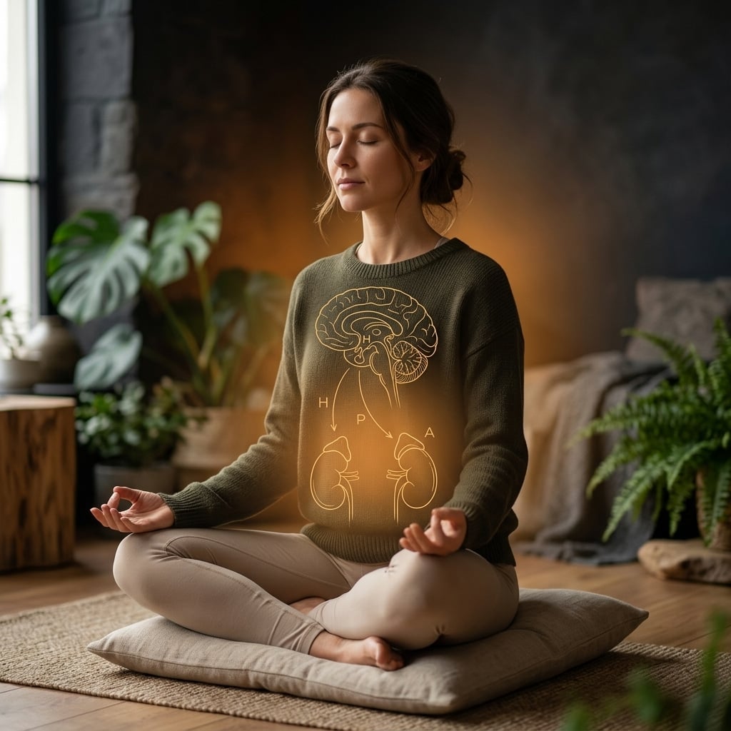 Woman in mindful breathing pose with HPA axis diagram overlay illustrating cortisol and stress hormone balance
