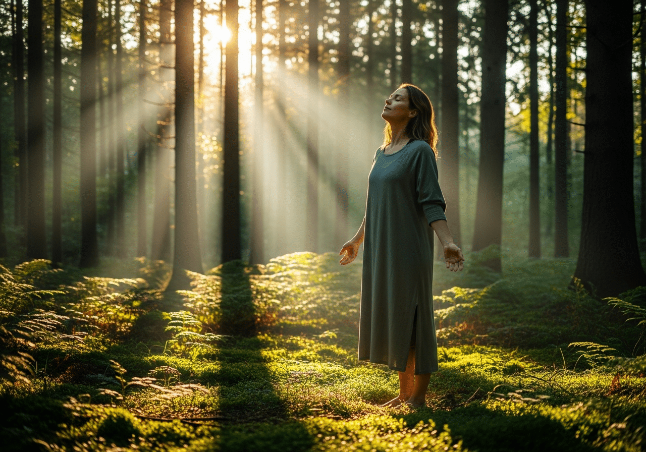 Woman standing barefoot in a sunlit forest at dawn practicing nature therapy to support healthy cortisol rhythm