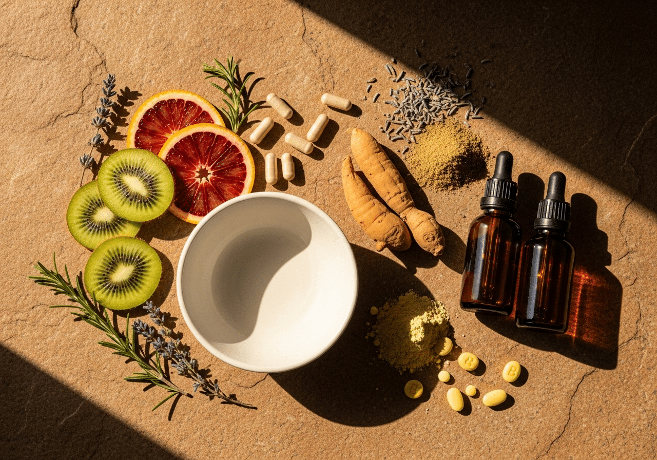Flat-lay of ashwagandha root, magnesium supplements, citrus rich in Vitamin C, and adaptogenic herbs for cortisol-supportive nutrition