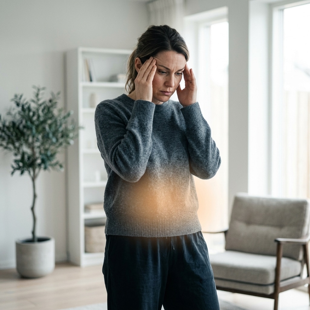 Woman showing signs of chronic stress with amber glow on abdominal area representing cortisol-related metabolic changes