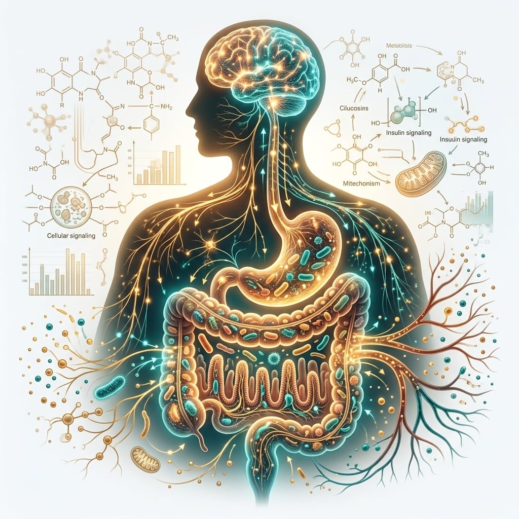 Scientific illustration of the gut-brain-metabolism connection showing microbiome and neural pathways.
