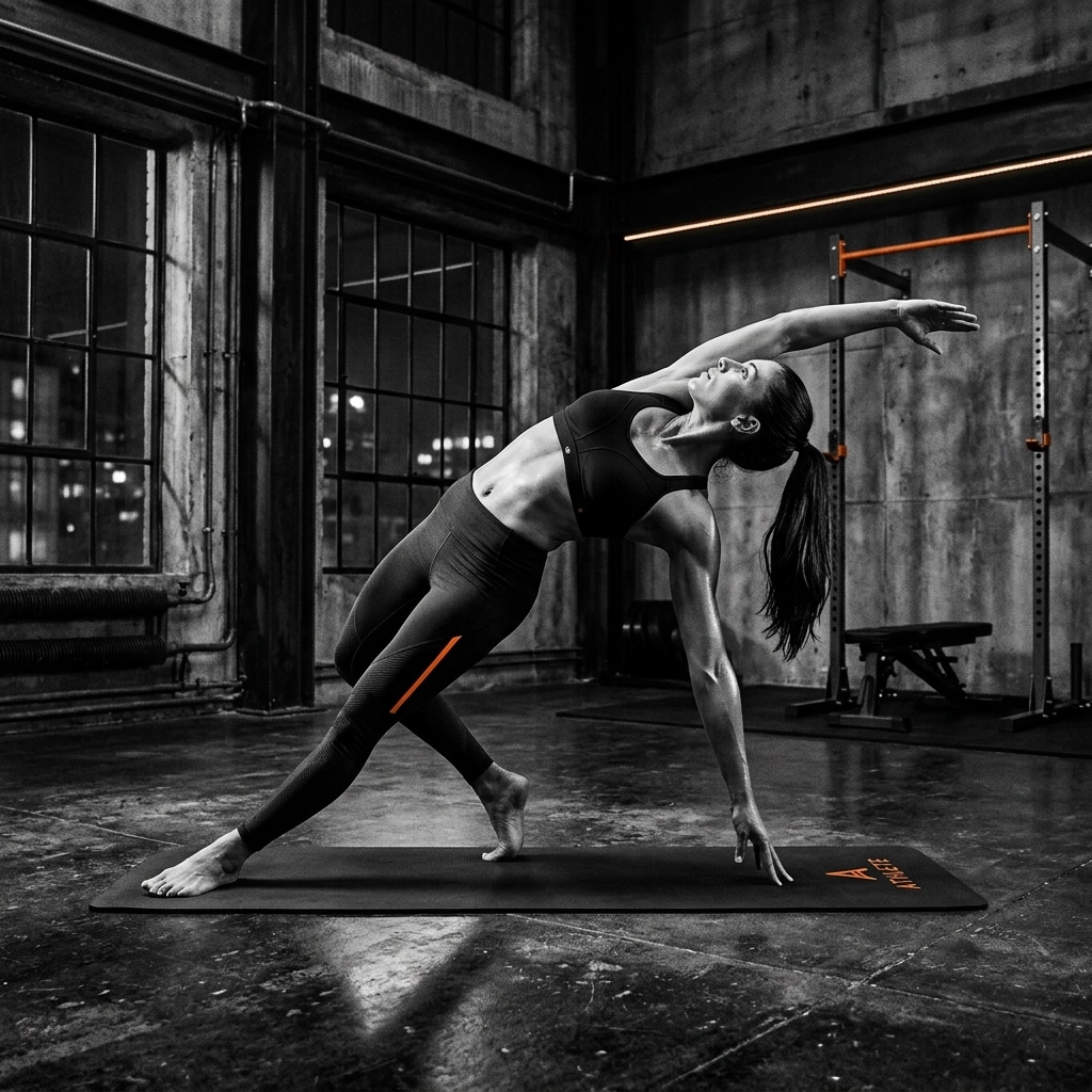 High-contrast fitness editorial photo of an athletic person doing a dynamic stretch.