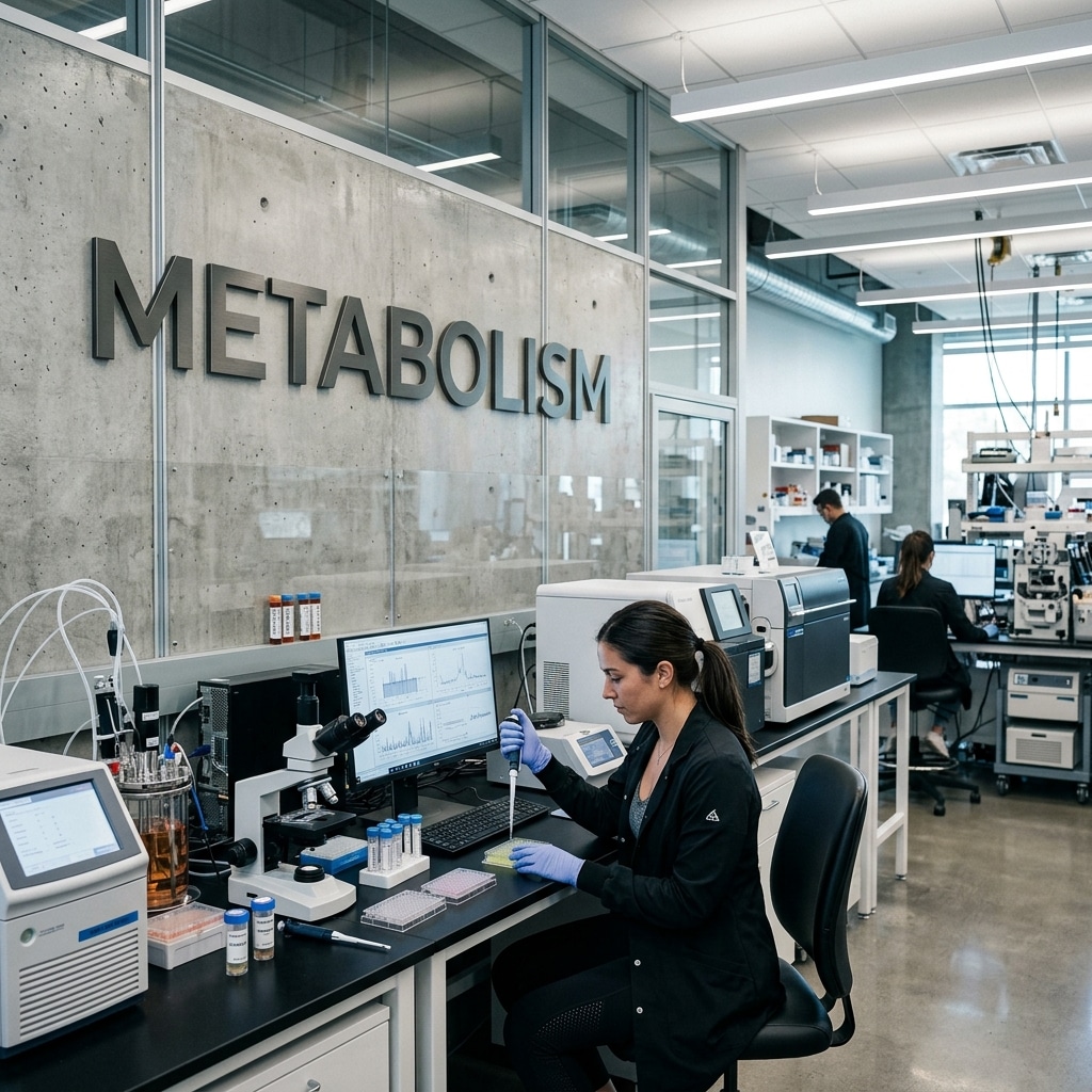 A high-end editorial clinical photograph of a modern laboratory environment with METABOLISM text.