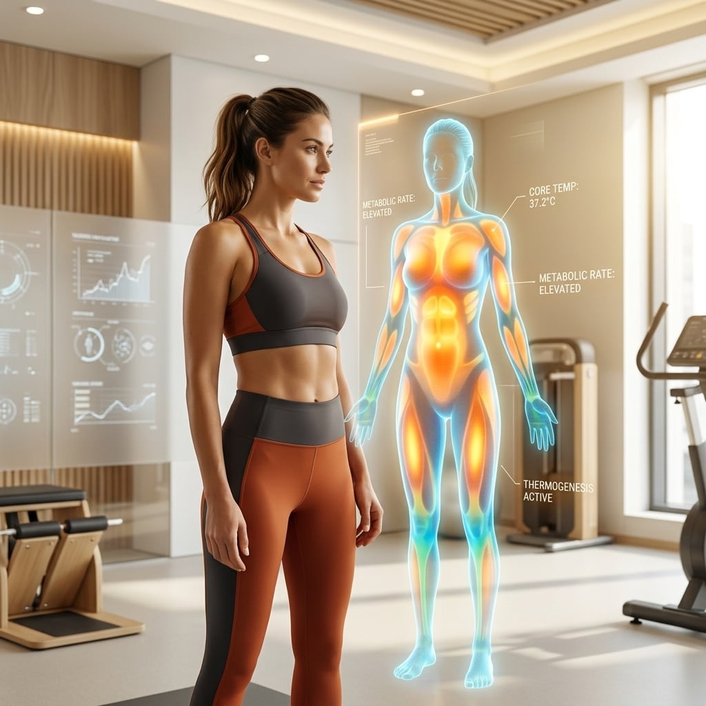 Woman reviewing body heat data in a modern clinical wellness studio, representing thermogenesis and metabolic energy.