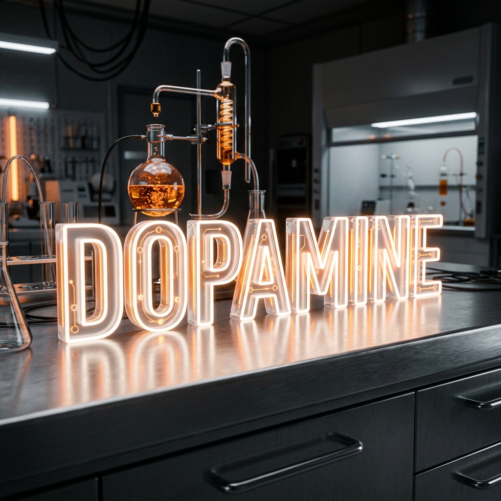 Dopamine represented as glowing 3D text in a clinical environment