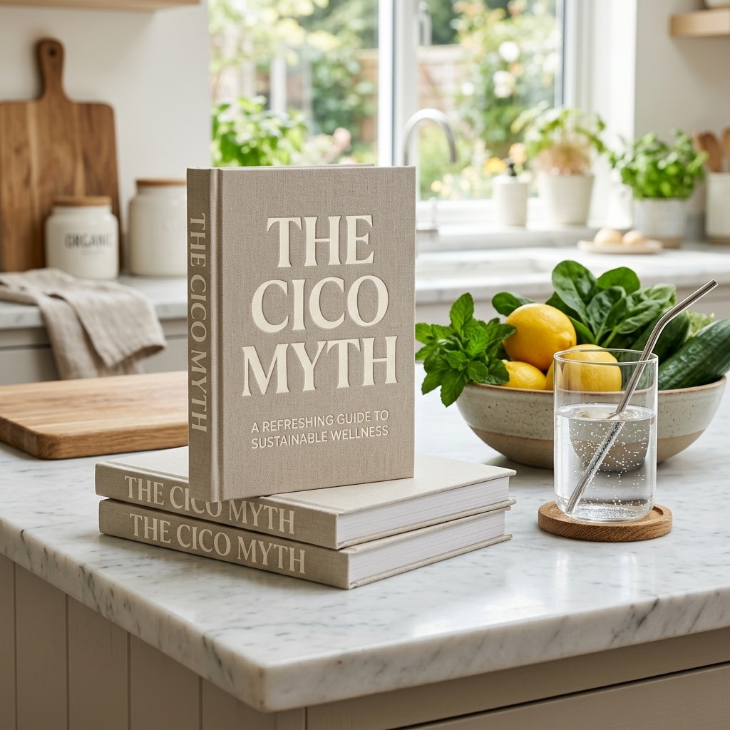 The CICO Myth typography integrated into a premium wellness kitchen setting