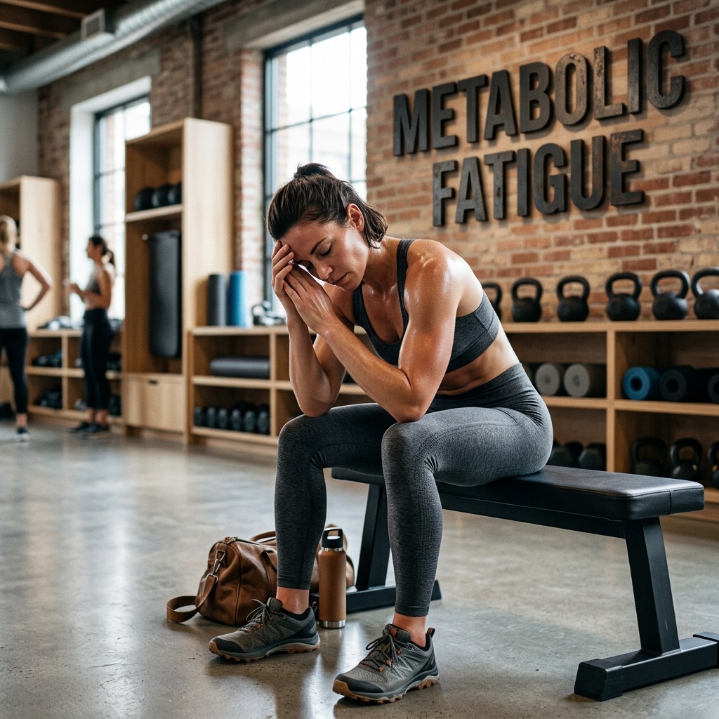An athletic woman resting deeply in a premium fitness studio with the 3D text METABOLIC FATIGUE integrated into the environment