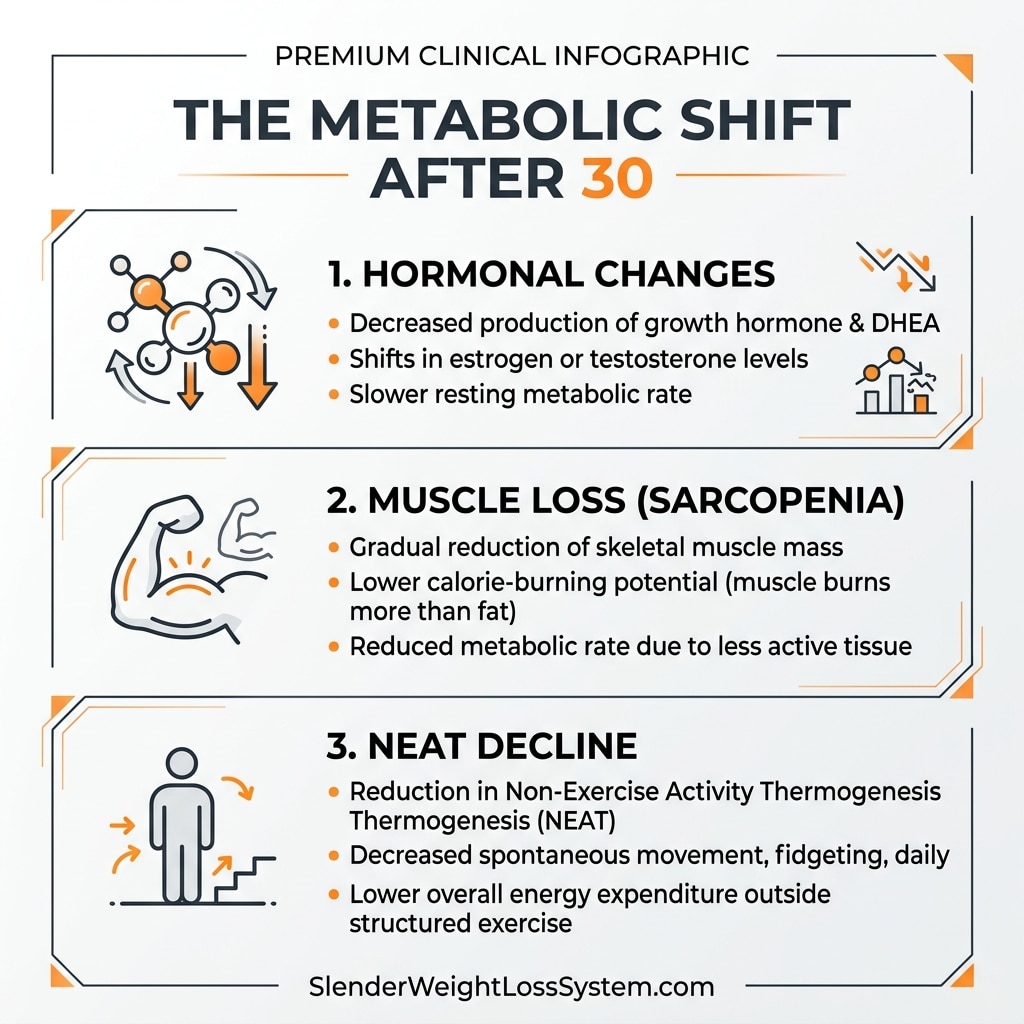 Infographic detailing the hormonal changes, sarcopenia, and NEAT decline after 30