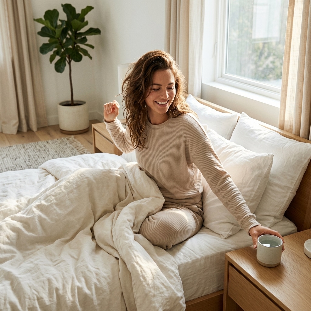 A confident woman waking up refreshed in a bright bedroom, reflecting metabolic vitality