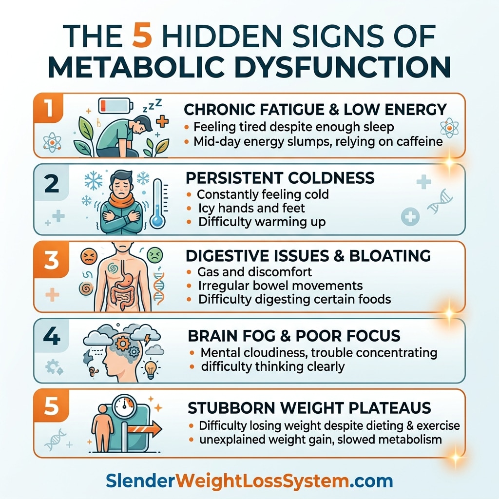 Infographic detailing the 5 hidden signs of metabolic dysfunction: fatigue, coldness, digestion, brain fog, and weight plateaus