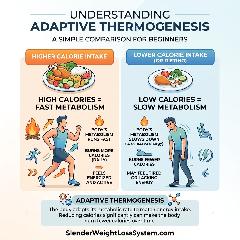 Infographic detailing adaptive thermogenesis and metabolic slowdown
