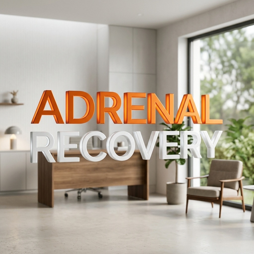 3D typography of the words ADRENAL RECOVERY seamlessly integrated into a calming clinical background