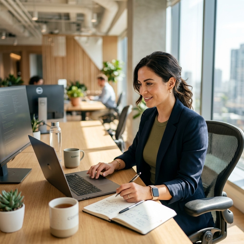Healthy professional woman working with extreme focus and mental clarity