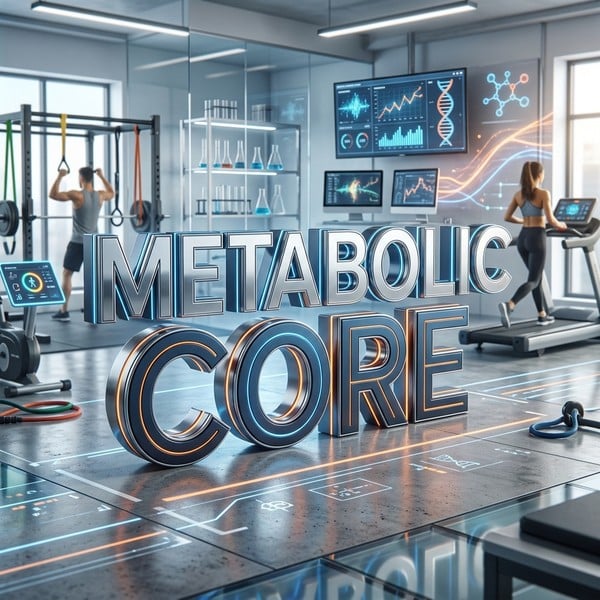 3D typography of the words METABOLIC CORE seamlessly integrated into a clinical background