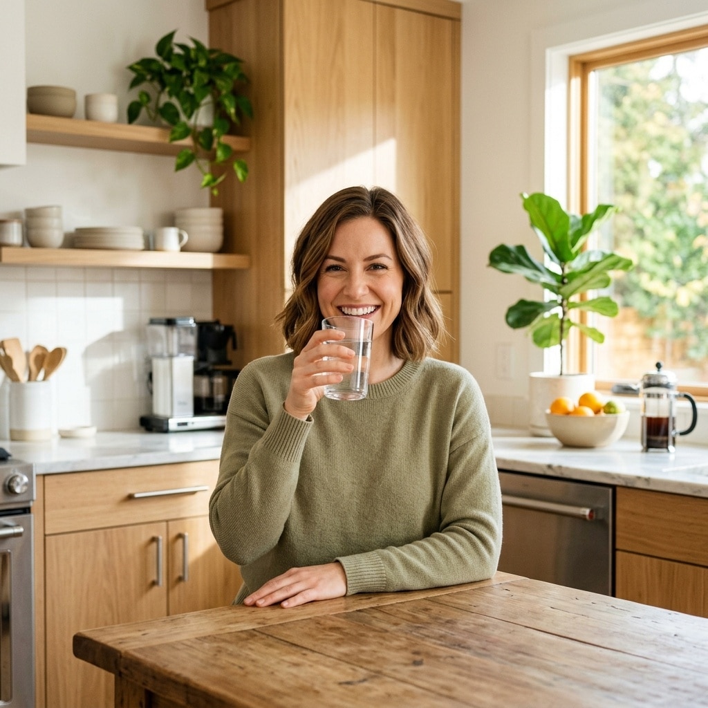 A professional woman looking vibrant and energized in a bright morning kitchen, representing recovery from exhaustion